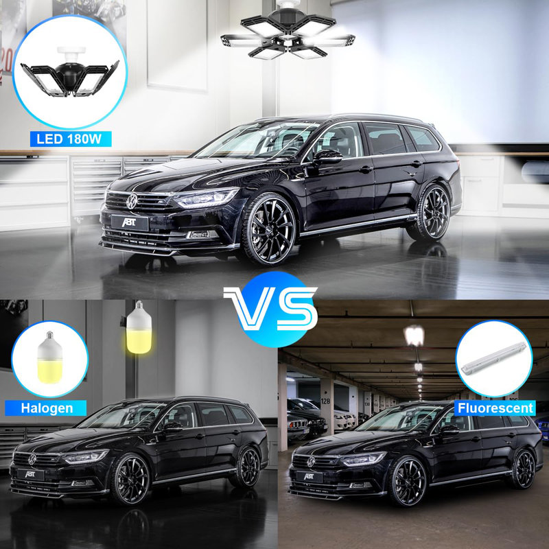 Ensemble de 2 lumières de garage à DEL 180W déformables 18000LM près des plafonniers E26 E27 à visser et à six vantaux, lumière DEL lumineuse avec 6 panneaux réglables pour l'entrepôt de travail