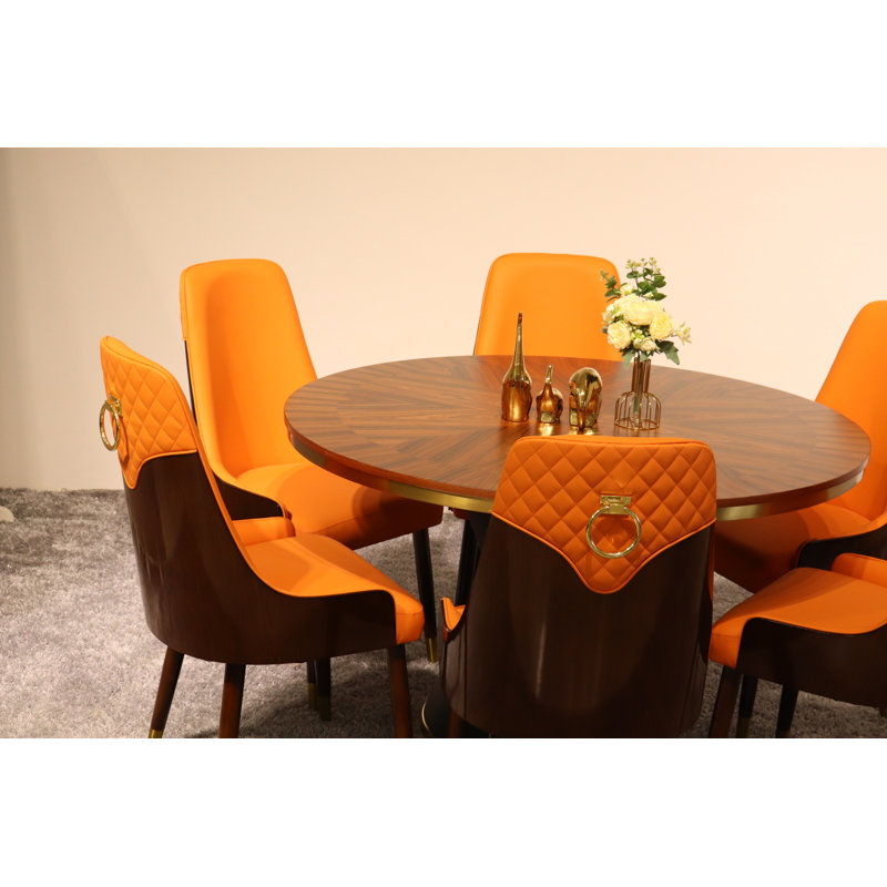 Vogue Lux Orange 61" Round Dining Set, Orange, 7 Pieces: Table, 6 Chairs, 31" H x 51" W x 51" D