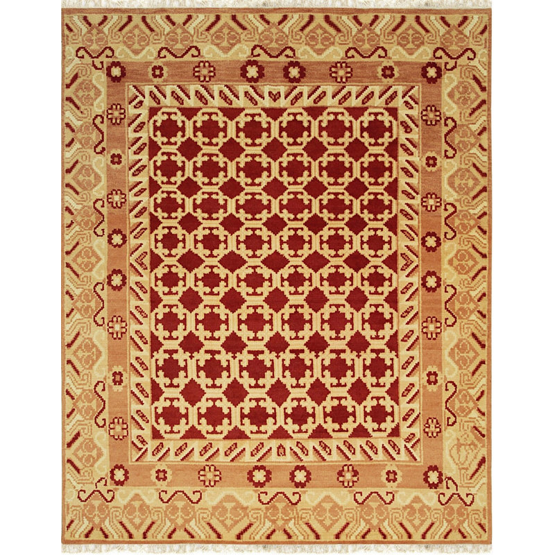 Coral Hand-Knotted Wool Linked Rosettes Geometric Modern Contemporary Carpet Rug, 6' x 9'