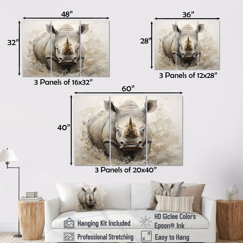 «Mighty Strong Rhinoceros I - Rhinoceros», ensemble de reproductions d'art mural, H 28 po x l 36 po