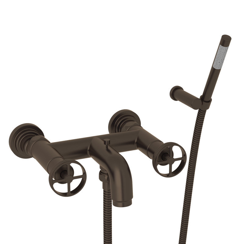 Campo Exposed Wall Mount Tub Filler, Tuscan Brass, Industrial Metal Wheel Handle
