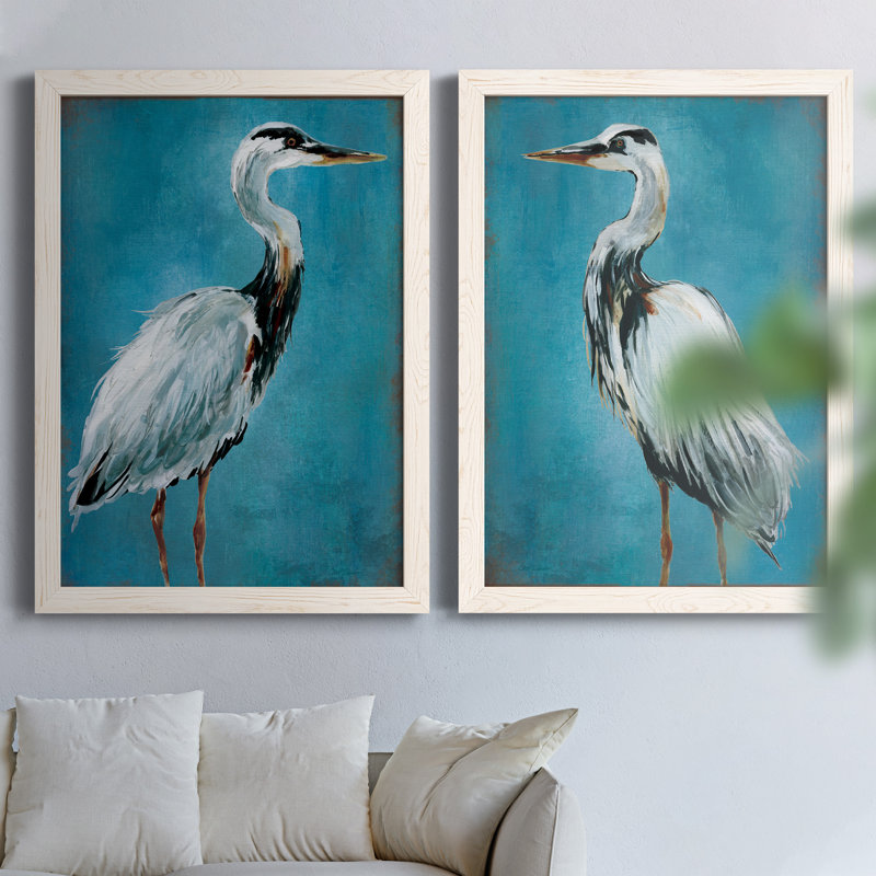 «Great Blue Heron I», ensemble de 2 peintures sur toile encadrées, H 31,5 po x l 47 po x P 1,5 po, Cadre blanc