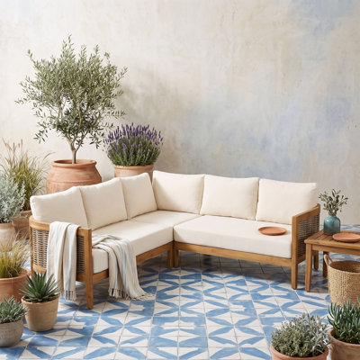 Outdoor Patio Sofa with Solid Wood Frame, Handwoven PE Rattan, Water-Resistant Cushions and Open Slat Design