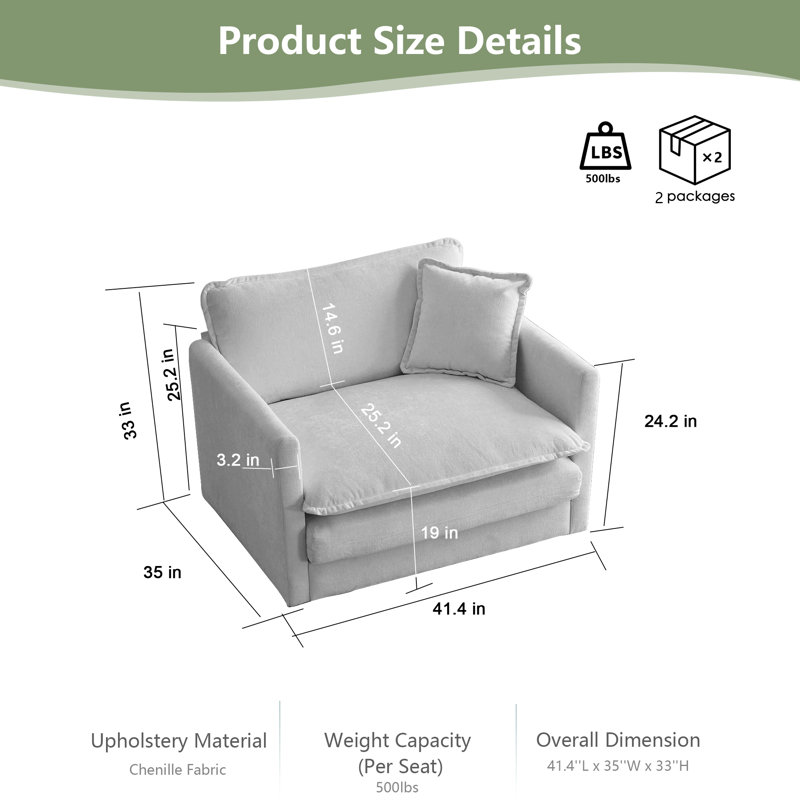 Canapé profond rembourré en chenille avec coussin décoratif, cadre en bois massif et options de combinaison flexibles pour le salon, la chambre à coucher ou le bureau