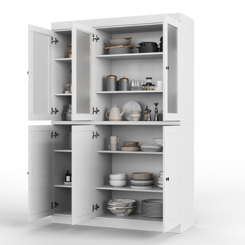 Vaisselier 100% bois massif 48,5 po avec portes en verre givré et tablettes réglables, Blanc / Blanc