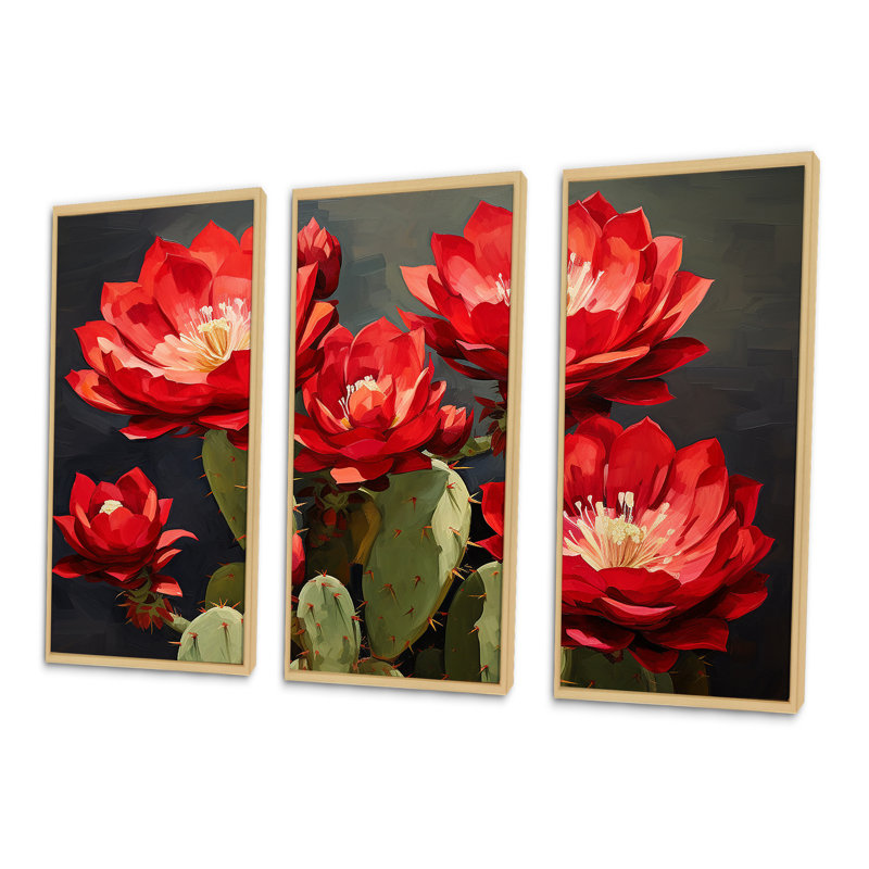 Cactus bourgogne fleuri - ensemble d'art mural floral cactus, Cadre naturel flottant, H 32 po x l 48 po x P 1 po