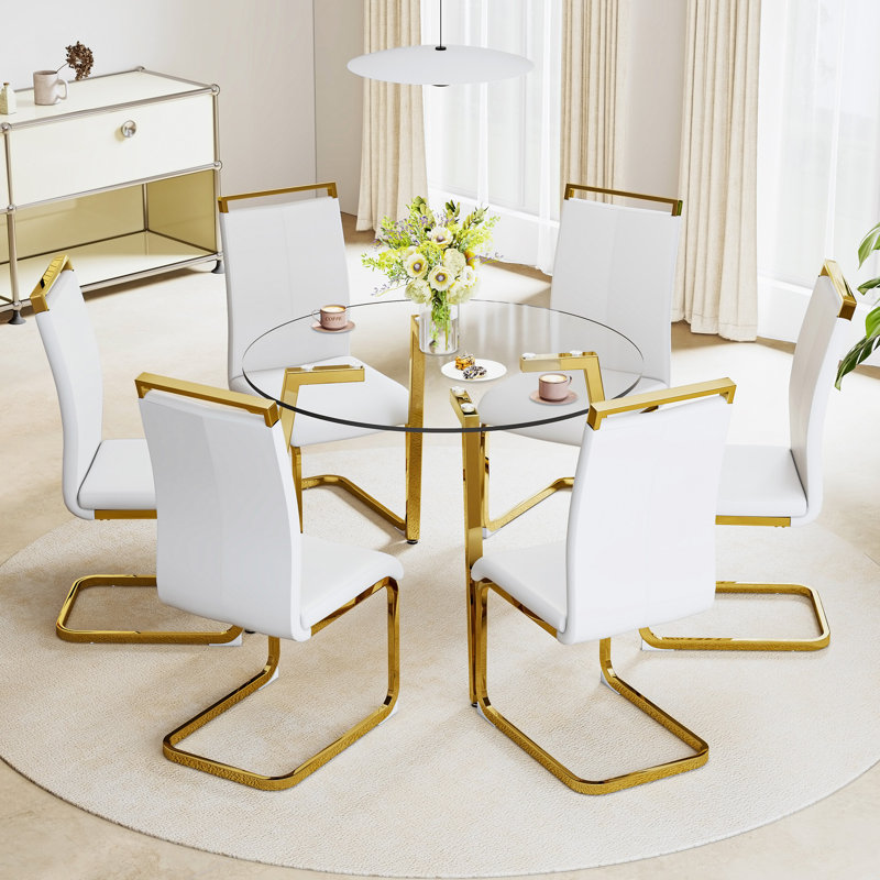 Heimoana 36“ Round Tempered Glass top Dining Table with Metal Legs, Gold, 29.5" H x 36" W x 36" L