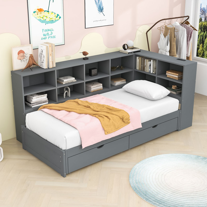 2 Drawers Twin XL to King Expandable Daybed with Shelves, LED Lighting and Charging Station, Gray