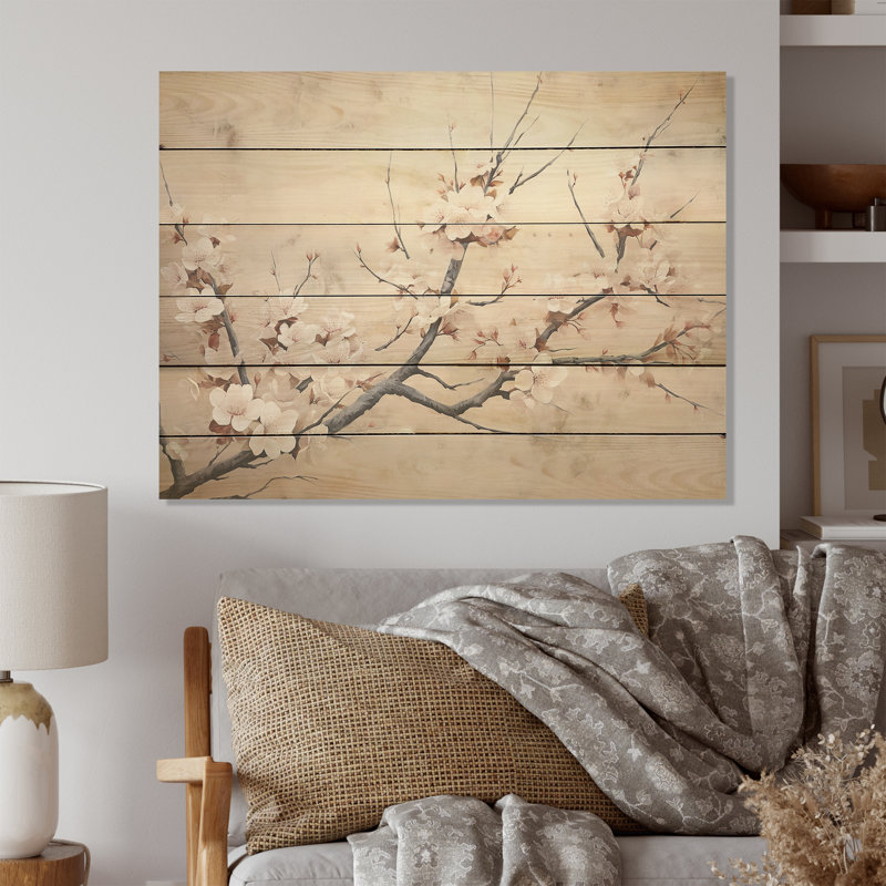 Minimalisme gris et blanc, fleur de cerisier - art mural en bois de cerisier sur bois de pin naturel, H 30 po x l 40 po