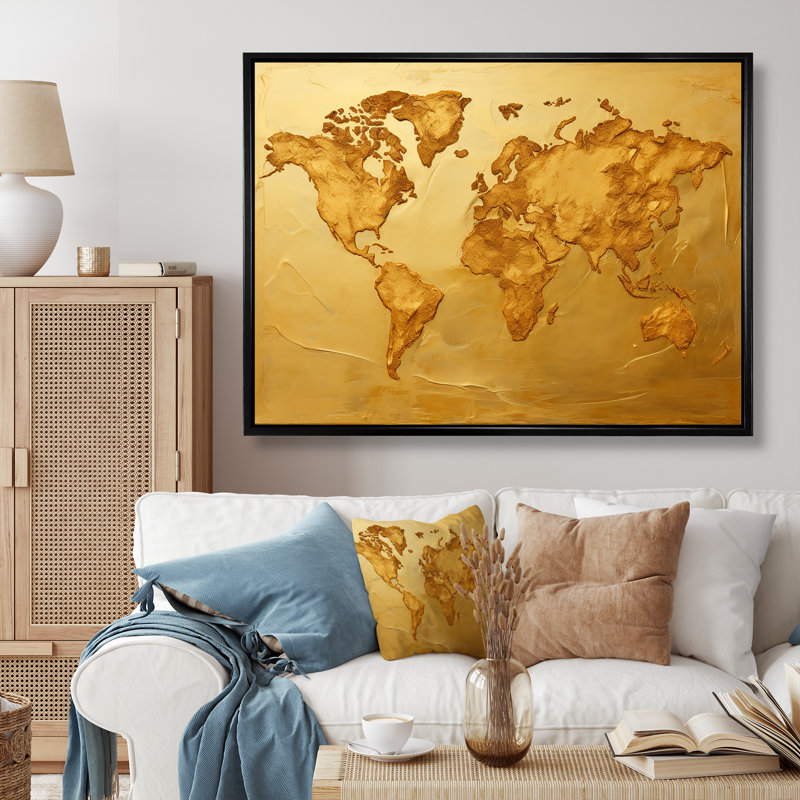 Carte du monde doré, impression sur toile encadrée, Cadre flottant noir, H 12 po x l 20 po x P 1 po