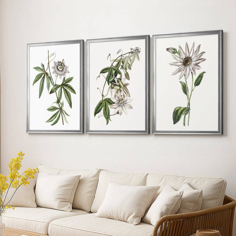 Tropical Botanical I - Toile tendue avec châssis sur mesure - 3 pièces, H 15 po x l 19 po, Argent argent