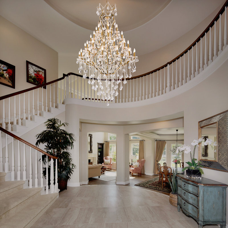 42-Light Crystal Dimmable Chandelier for High Ceilings, Antique Brass