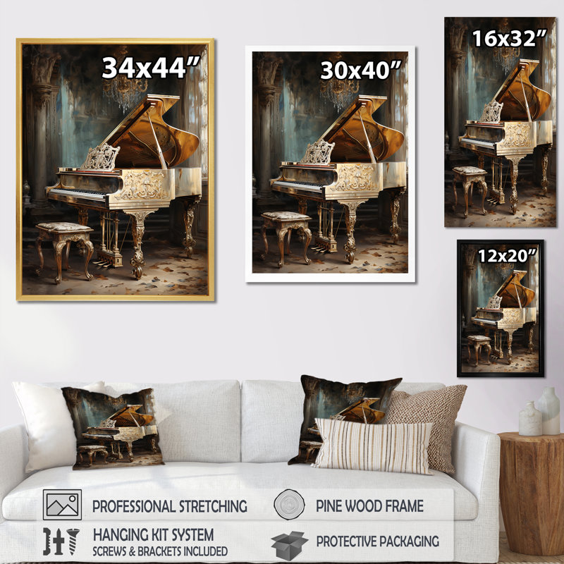 «French Baroque Piano Brilliance», reproduction sur toile, Cadre flottant noir, H 32 po x l 16 po
