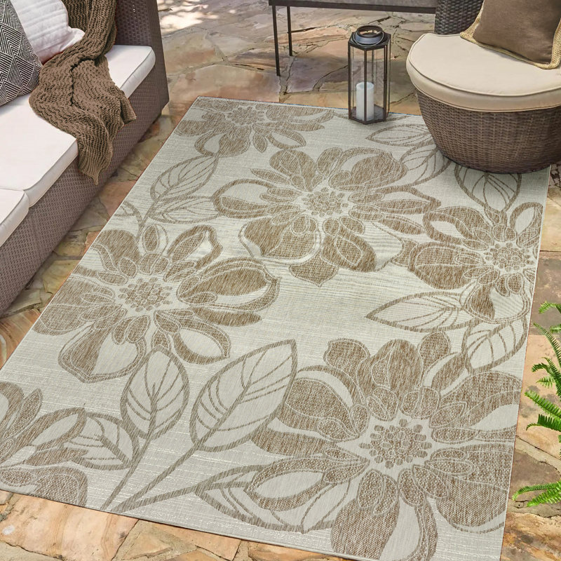 Tropea Arda All-Weather Flatweave Indoor/Outdoor Area Rug, Beige Cream Bold Floral – Patio, Deck, Porch & Poolside