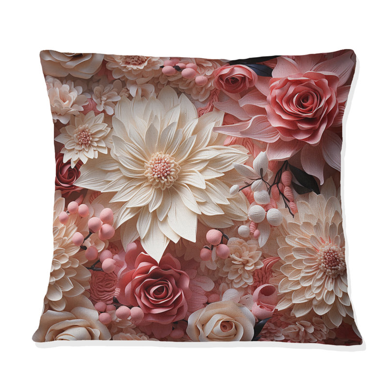 Coussin décoratif à imprimé floral rose et blanc, chuchotement de fleurs II, H 16 po x l 16 po