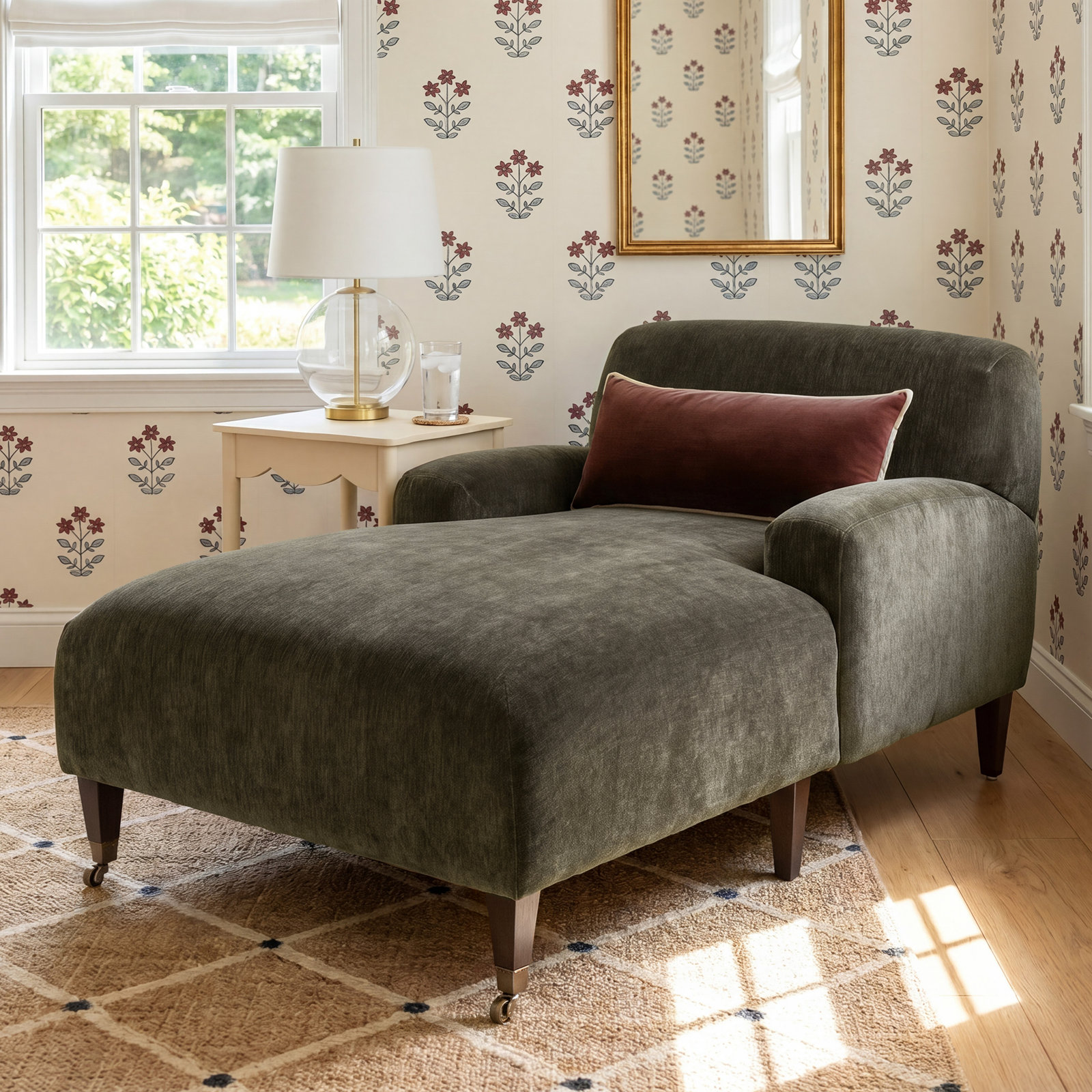 Kent Pine Chaise Lounge - Amber Lewis x Four Hands, Malmo Olive Polyester Blend