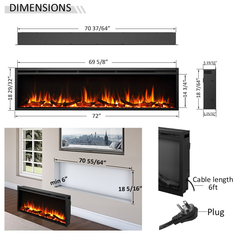 Swenja 50" W Electric Fireplace Insert with Adjustable Flame, Fire Cracking Sound & Remote Control, 19.91 H x 72 W X 5.78 D