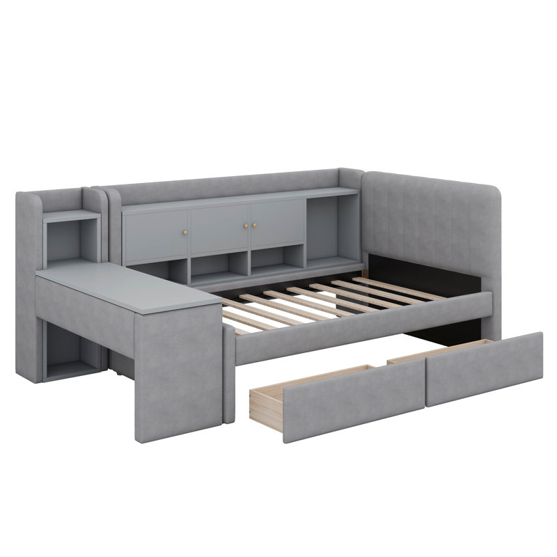 Lit de jour simple rembourré avec 2 tiroirs, tablettes en bois massif avec cadre de canapé-lit, table d'appoint, Gris