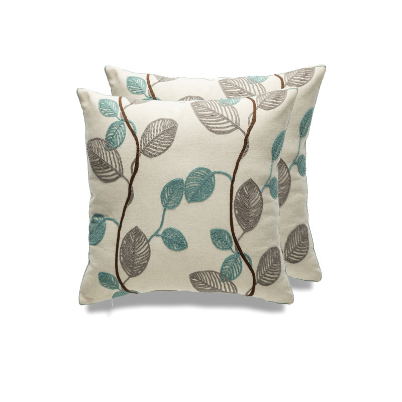 Leaf Square Pillow Cover, Teal/Gray