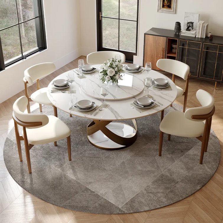 Suzzie Modern Round Dining Table, Sintered Stone Tabletop with Lazy Susan, Carbon Steel Base Pre-Assembly
