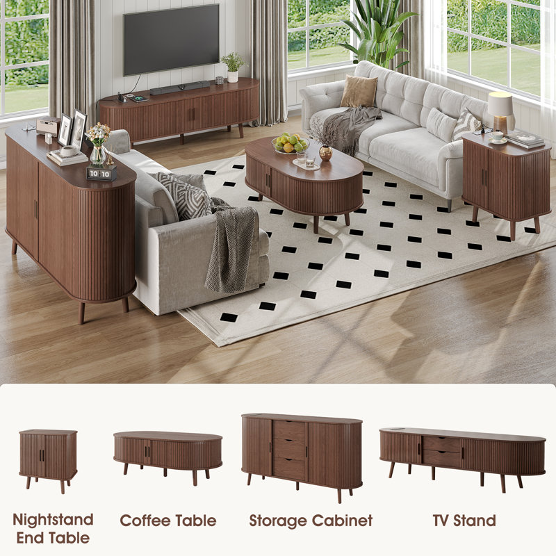 Coffee Table 42.5"W, Mid Century Modern Coffee Table With 360° Sliding Tambour Doors, Fluted Accent Center Table With Storage, Oval Small Coffee Table For Living Room
