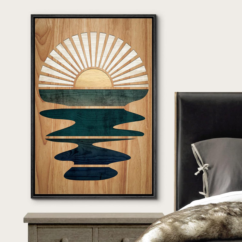 «Western Wood Effect Landscape Shining Sun Over Ocean Sea Nature Modern Art Southwest Wall Art Room», reproduction d'art sur toile