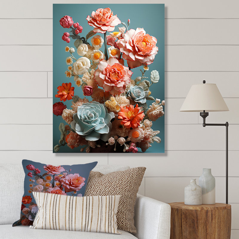 Floral, bouquet d'oasis II - fleurs, art mural, Cadre flottant blanc, H 32 po x l 16 po x P 1 po