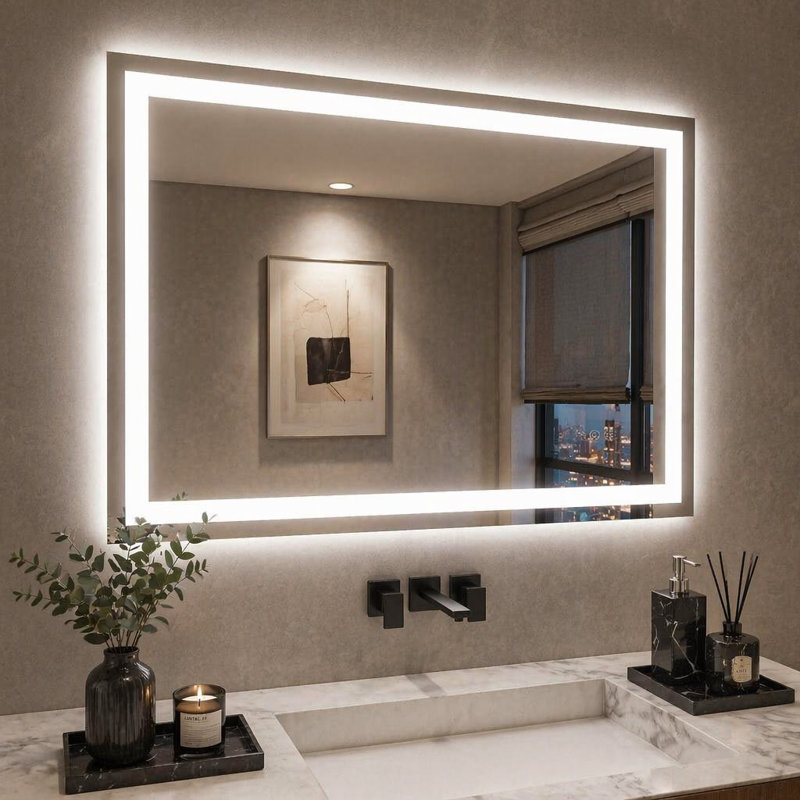 Miroir de salle de bain 48 po x 36 po à DEL sans cadre avec éclairage à intensité variable et fonction antibuée, conception intelligente et sécuritaire