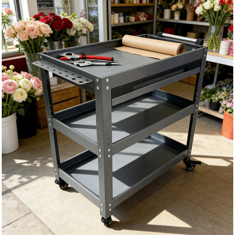 Chariot à outils robuste à 3 niveaux avec tiroir verrouillable, chariot mobile en acier avec support latéral et roulettes verrouillables pour atelier, garage, entrepôt