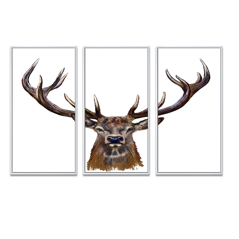 Tête de cerf devant - ensemble de 3 reproductions d'art encadrées sur toile, H 32 po x l 48 po, Blanc