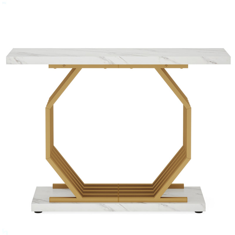 40” Gold Console Table, Faux Marble Entryway Narrow Sofa Table With Geometric Metal Base, Modern Accent Entrance Table For Living Room, Hallway, Foyer