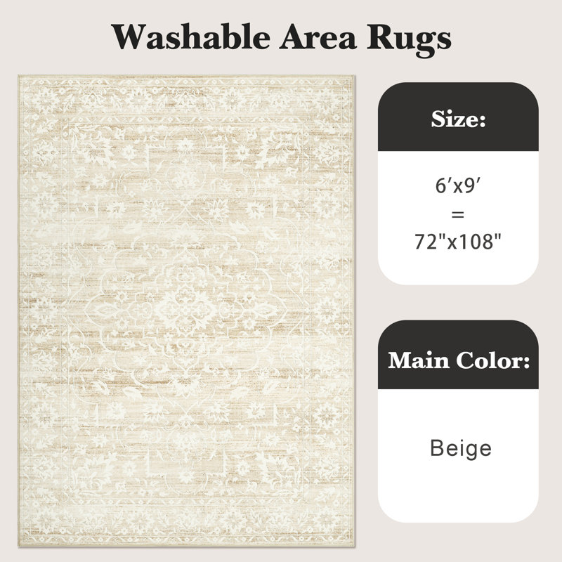 Stain Resistant Neutral Washable Rugs for Living Room, Floral Vintage Thin Area Rug (Beige), Rectangle 6' x 9'