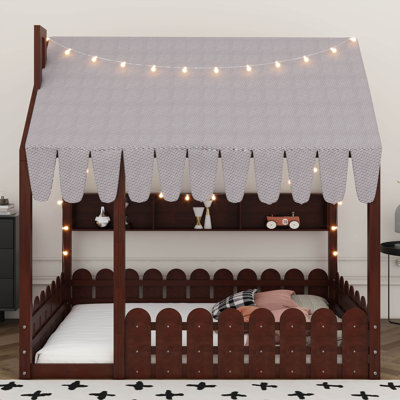 Lit sur pied Montessori avec garde-corps, tente et lumières, lit en bois avec 3 tablettes de rangement, lattes non incluses