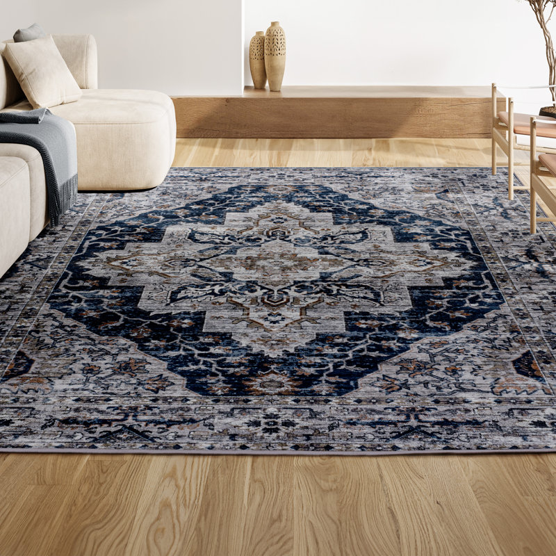 Tapis bleu marine / gris Sarok Boho Medallion, Rectangle 3 pi 11 po x 6 pi