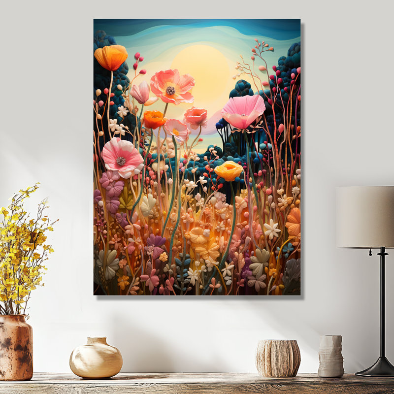 «Vibrant Wildflowers Lake Sunset», art mural lac, Sans cadre, métal, H 44 po x l 34 po