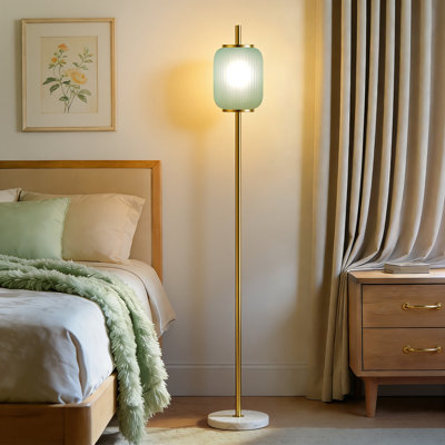 64" Modern Brass Floor Lamp With Ribbed Green Glass Shade And Marble Base, Tall Standing Light For Living Room And Bedroom