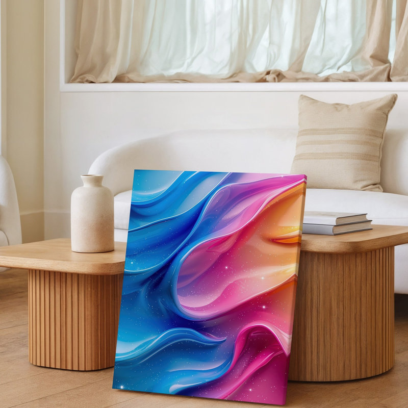 Toile, composition abstraite vibrante avec des vagues tourbillonnantes fluides de couleur, art mural dans des tons de bleu, rose et orange