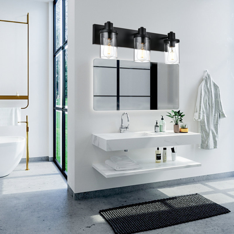 Luminaire de meuble-lavabo pour salle de bain, luminaire pour meuble-lavabo noir mat à 3 lumières avec abat-jour en verre transparent