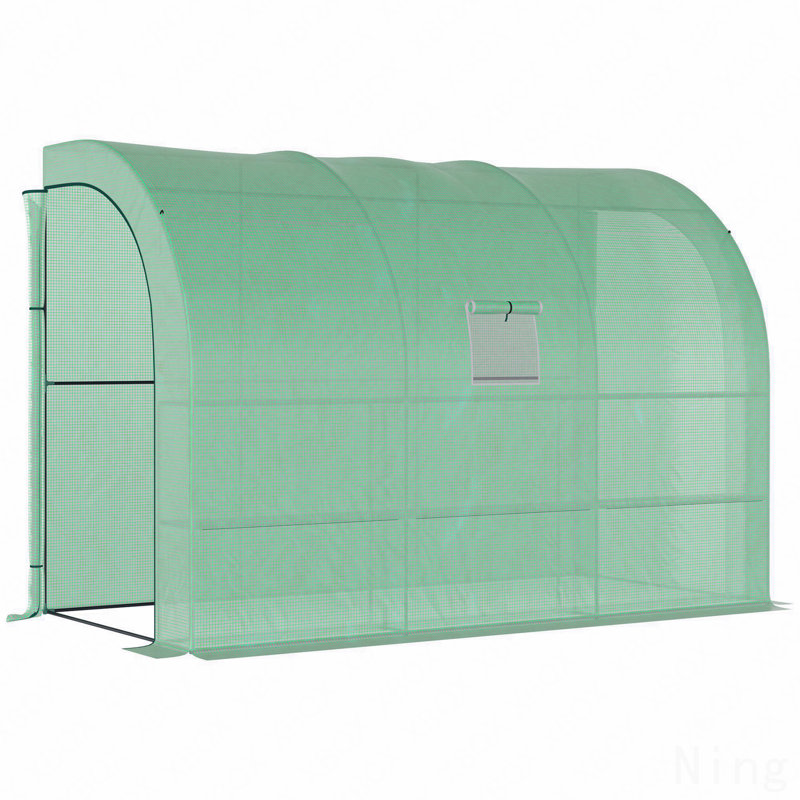10' X 5' X 7' Lean To Greenhouse, Walk-In Green House, Plant Nursery With 2 Roll-Up Doors And Windows, PE Cover And 3 Wire Shelves, Green