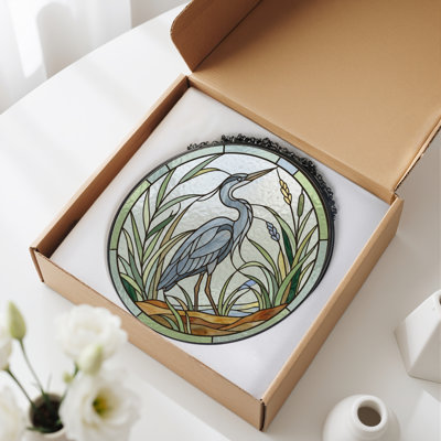 Heron Marsh Stained Glass Window Panel，12"H