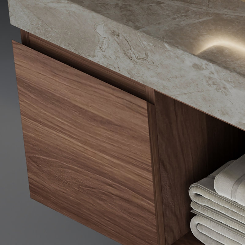 Meuble-lavabo mural simple 47,6 po avec 2 tiroirs flottants modernes en bois massif, Noyer, Gris, 48"