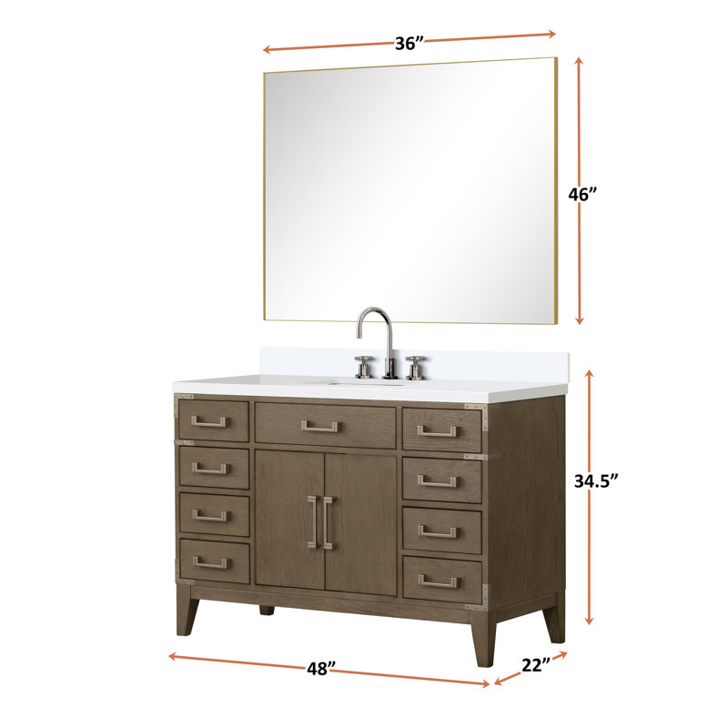 Meuble-lavabo simple en chêne brun 48 po X P 22 po D, dessus en quartz blanc et ensemble de robinet, Chêne brun