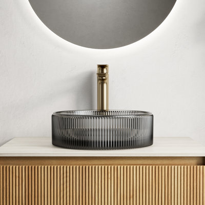 Transparent Black 14.36*4.66inch Round Crystal Glass Bathroom Sink Without Faucet, Clean And Refreshing Vibe, Long - Lasting For Use, Suits Multiple Countertop Patterns, Drain Stopper Advice 14'' In