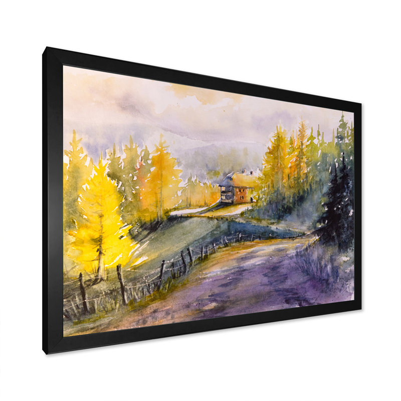 Paysage avec des arbres jaunes et oranges et verts - Peinture sur toile, H 30 po x l 40 po