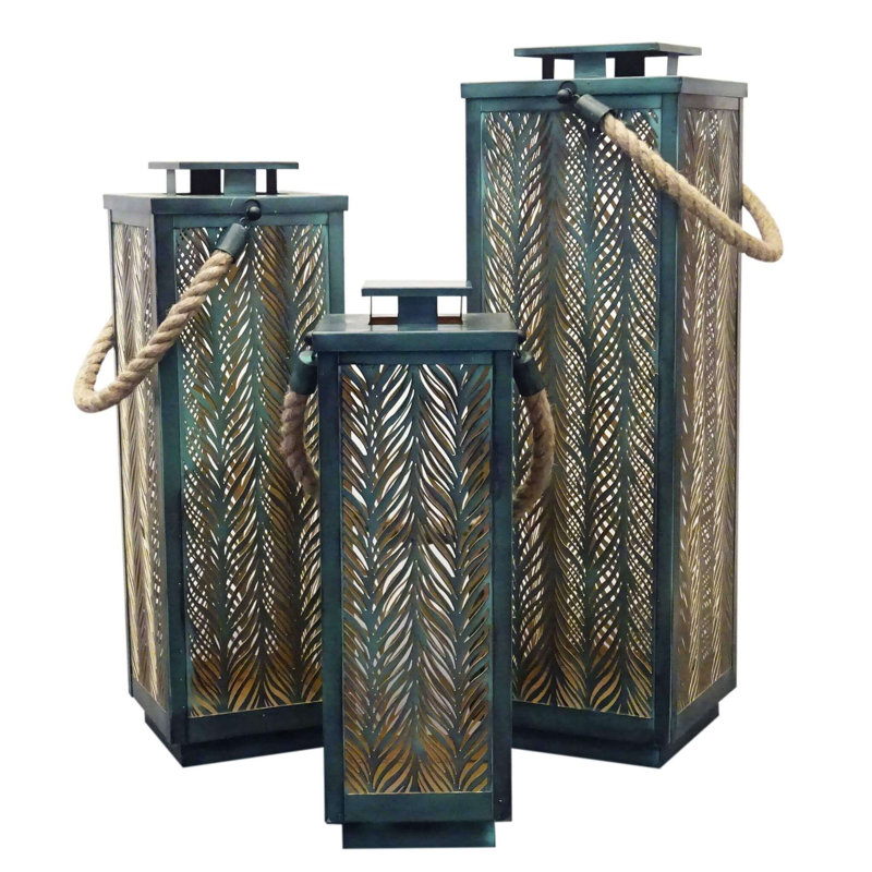 3 Piece Metal Wall Lantern Set, Green