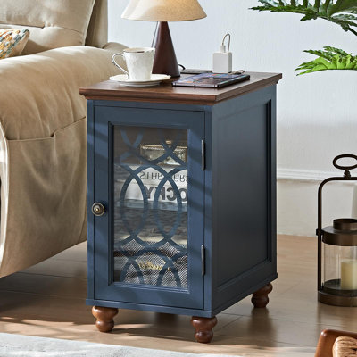 Table d'appoint étroite avec station de charge, table de chevet avec porte en verre, tables de chevet avec armoire de rangement à tablette réglable, table de chevet en bois pour les petits espaces