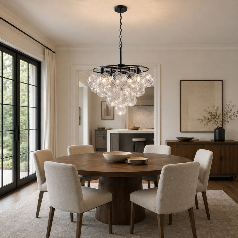 Lustre moderne à huit lumières, à plusieurs niveaux, en verre texturé transparent, de 61 cm (24 po), avec hauteur de suspension réglable.