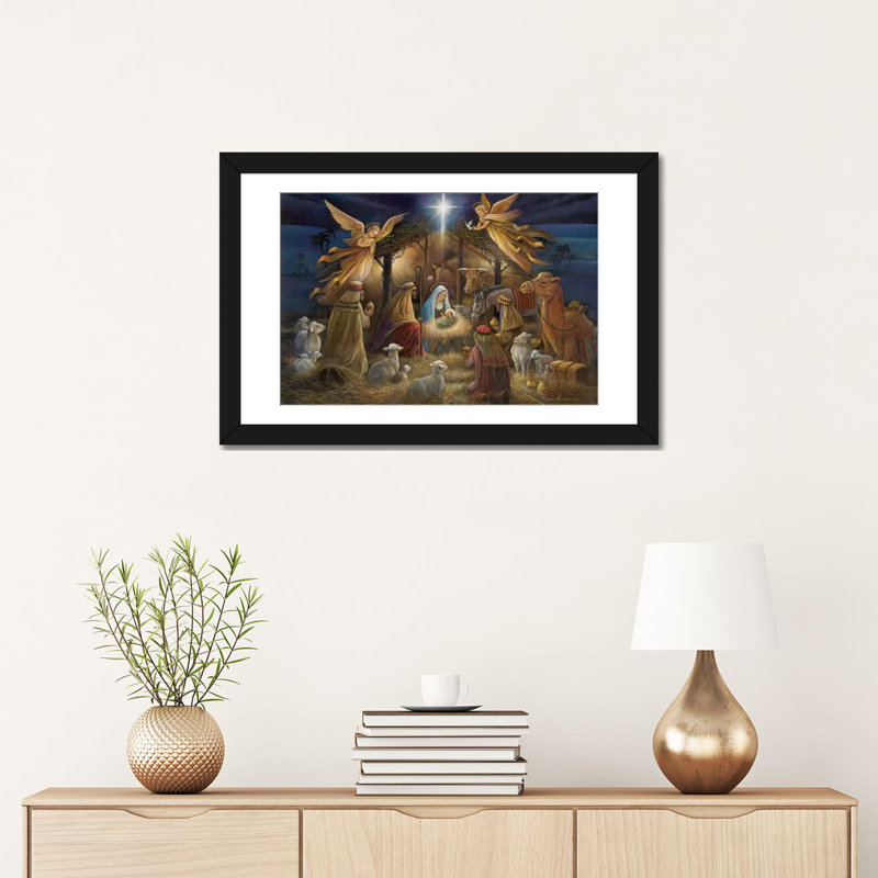 Nativité par Ruane Manning - reproduction sur toile tendue, H 16 po x l 24 po x P 1 po, Papier avec cadre noir, Blanc