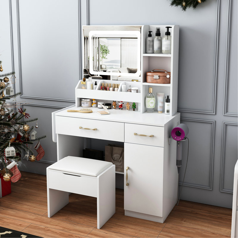 Makeup Dressing Table With Led Mirror, Charging Station, 3 Drawers, 7 Shelves And Stool - White, Adjustable Lighting, Modern Decor Storage Brightness, Look