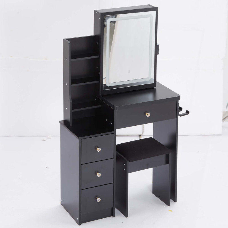 29.2" Small Size Left Bedside Cabinet Vanity Table + Cushioned Stool,2 AC+2 USB Power Station,Hair dryer bracket,Extra Large Touch Control Sliding LED Mirror,Tri-color Switching,Brightness Adjust